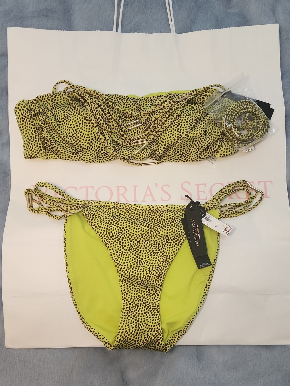 Victoria's Secret Neon Lime and Black Dotted Bandeau Bikini Set